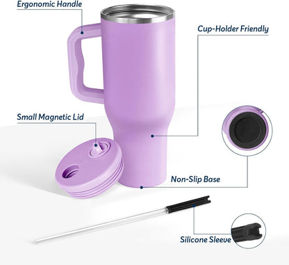 White 40oz Insulated Tumbler with Handle and Reusable Hidden Straw | Triple-wall Vacuum Insulated Stainless Steel for 48-Hour Iced, Leakproof Lid, Fits Most Car Cup Holders