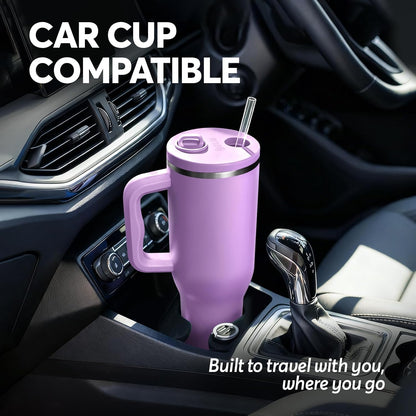 White 40oz Insulated Tumbler with Handle and Reusable Hidden Straw | Triple-wall Vacuum Insulated Stainless Steel for 48-Hour Iced, Leakproof Lid, Fits Most Car Cup Holders
