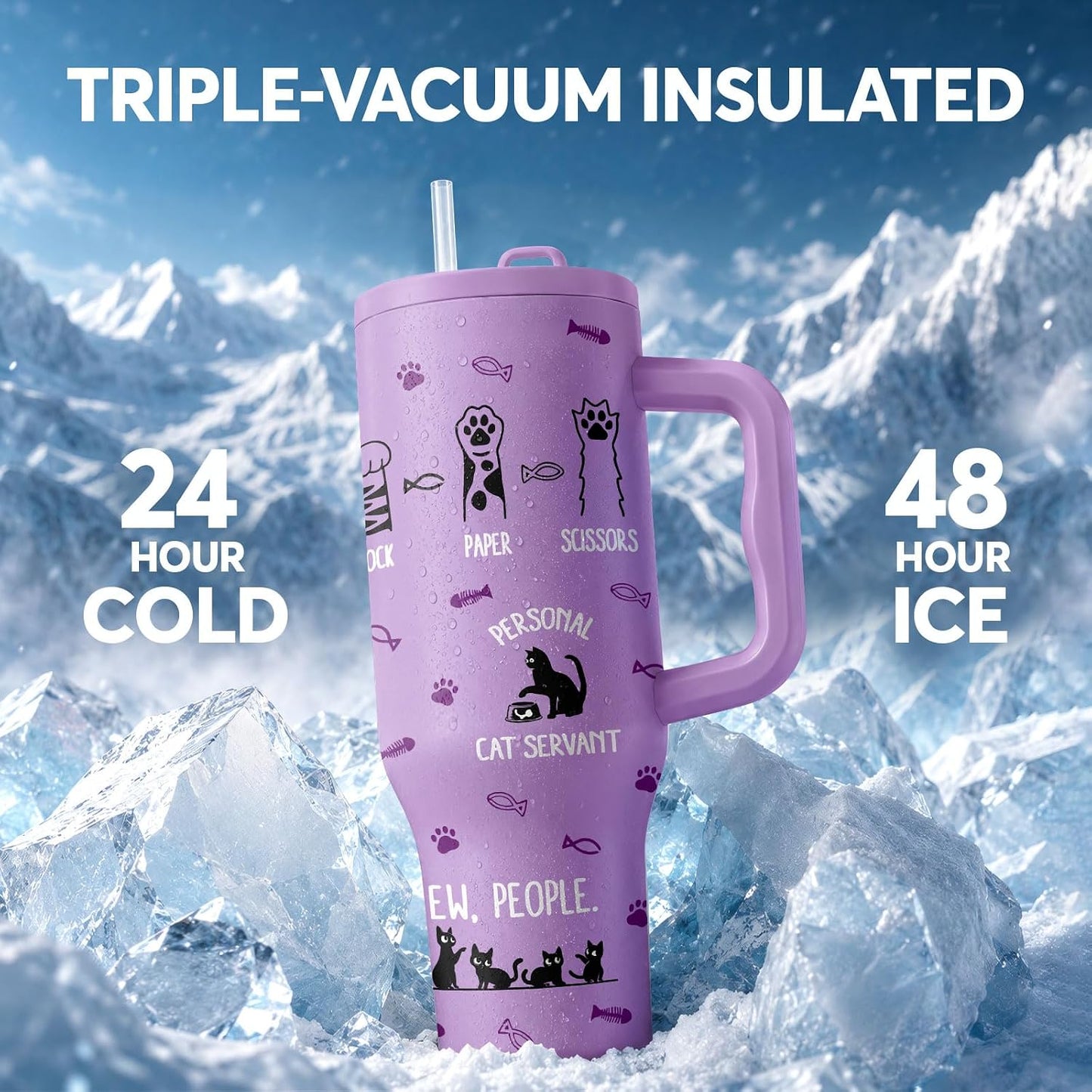 White 40oz Insulated Tumbler with Handle and Reusable Hidden Straw | Triple-wall Vacuum Insulated Stainless Steel for 48-Hour Iced, Leakproof Lid, Fits Most Car Cup Holders