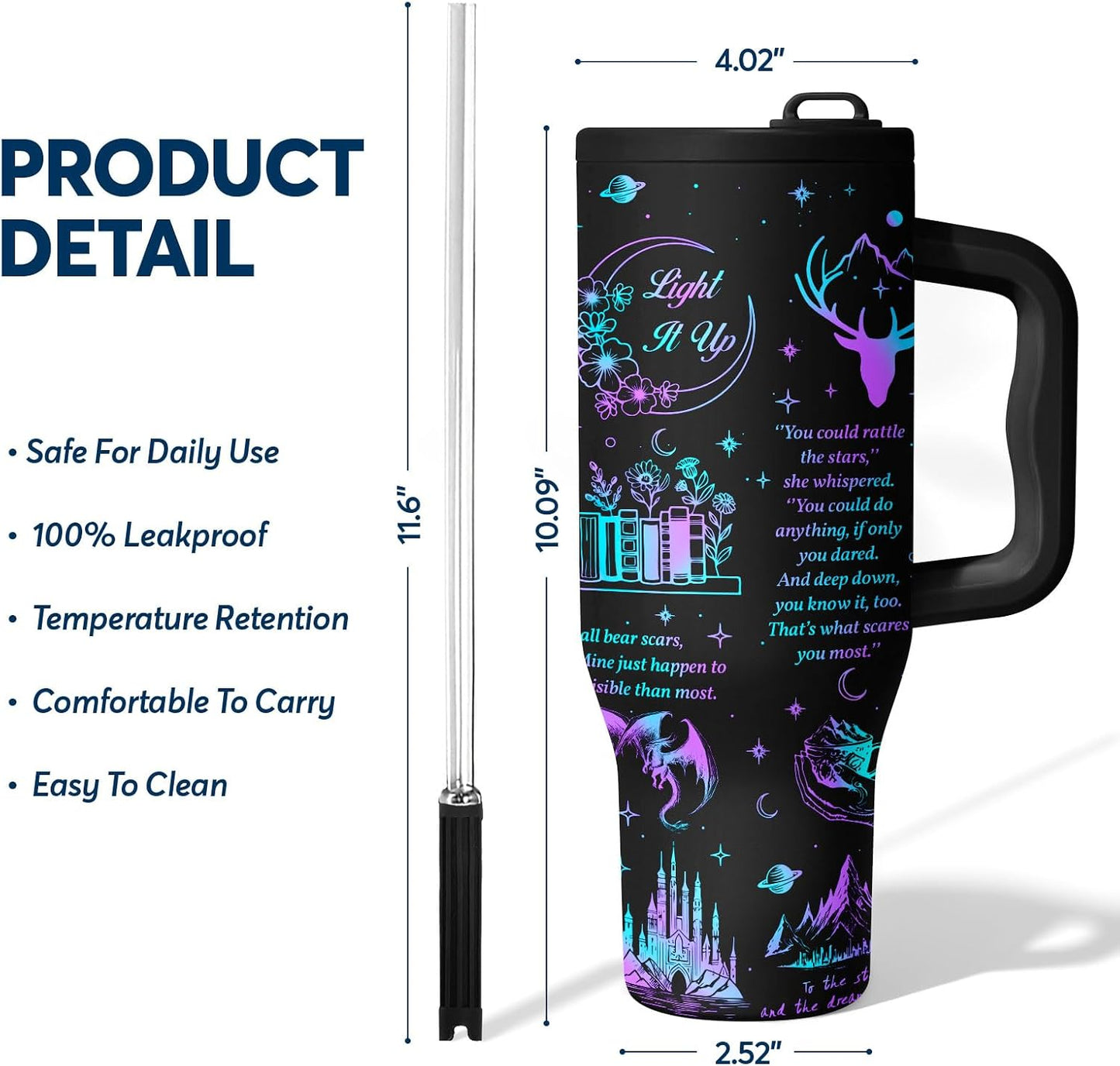 White 40oz Insulated Tumbler with Handle and Reusable Hidden Straw | Triple-wall Vacuum Insulated Stainless Steel for 48-Hour Iced, Leakproof Lid, Fits Most Car Cup Holders