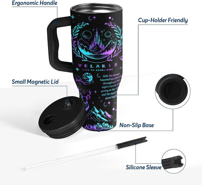 White 40oz Insulated Tumbler with Handle and Reusable Hidden Straw | Triple-wall Vacuum Insulated Stainless Steel for 48-Hour Iced, Leakproof Lid, Fits Most Car Cup Holders