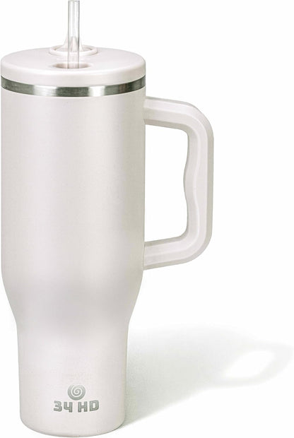 White 40oz Insulated Tumbler with Handle and Reusable Hidden Straw | Triple-wall Vacuum Insulated Stainless Steel for 48-Hour Iced, Leakproof Lid, Fits Most Car Cup Holders