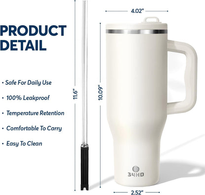 White 40oz Insulated Tumbler with Handle and Reusable Hidden Straw | Triple-wall Vacuum Insulated Stainless Steel for 48-Hour Iced, Leakproof Lid, Fits Most Car Cup Holders
