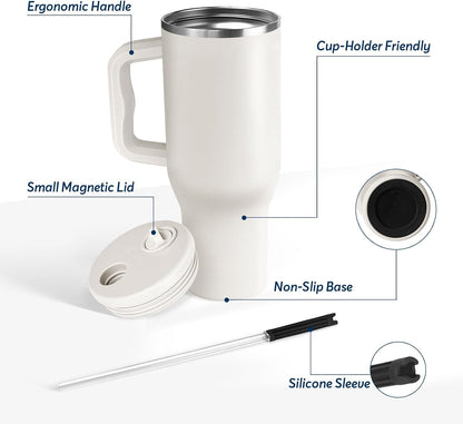 White 40oz Insulated Tumbler with Handle and Reusable Hidden Straw | Triple-wall Vacuum Insulated Stainless Steel for 48-Hour Iced, Leakproof Lid, Fits Most Car Cup Holders