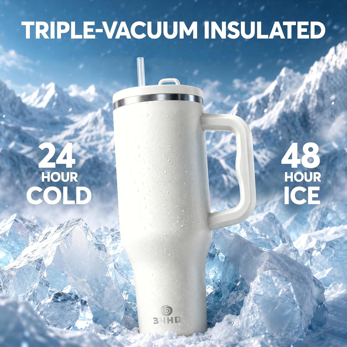 White 40oz Insulated Tumbler with Handle and Reusable Hidden Straw | Triple-wall Vacuum Insulated Stainless Steel for 48-Hour Iced, Leakproof Lid, Fits Most Car Cup Holders
