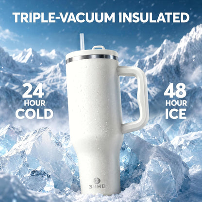 White 40oz Insulated Tumbler with Handle and Reusable Hidden Straw | Triple-wall Vacuum Insulated Stainless Steel for 48-Hour Iced, Leakproof Lid, Fits Most Car Cup Holders