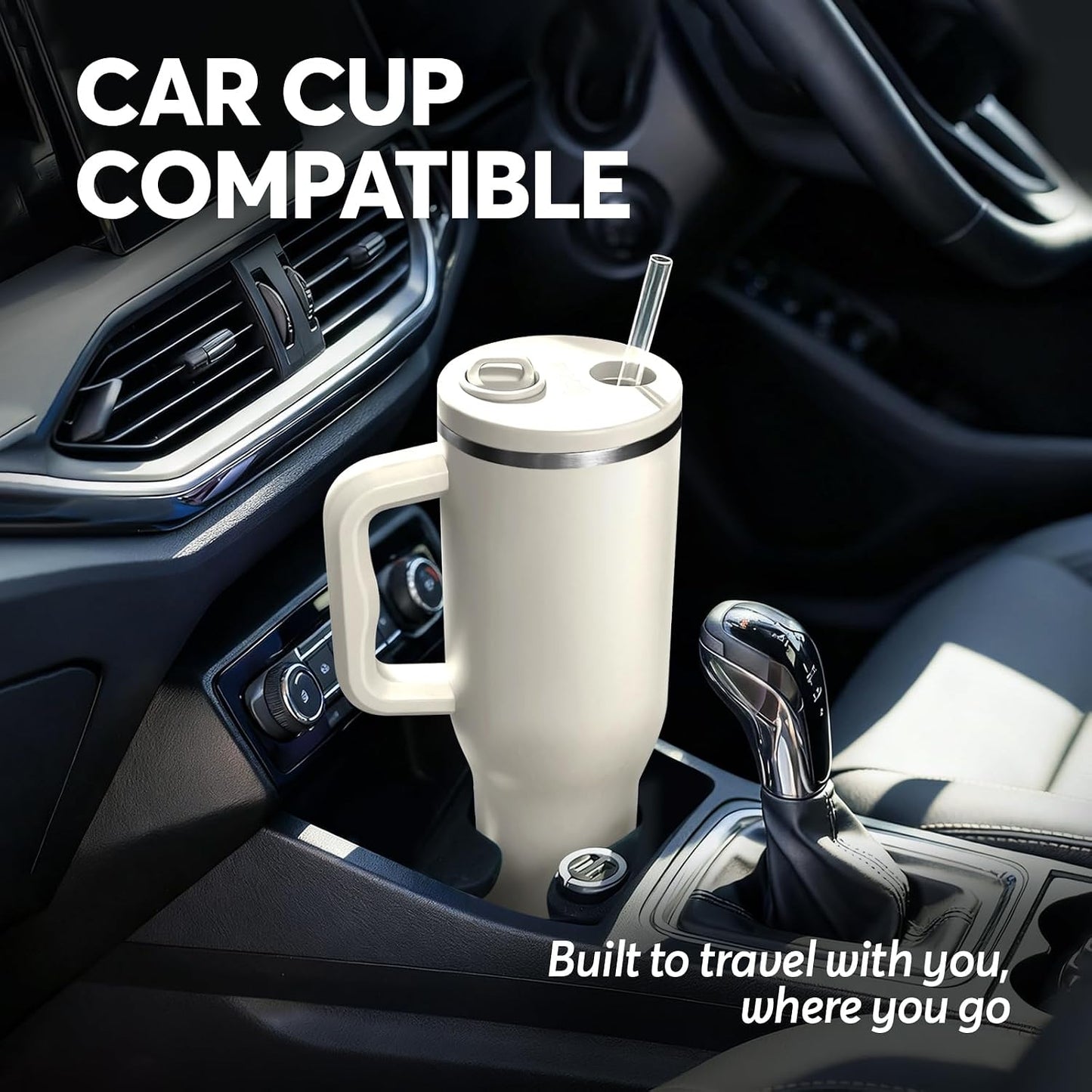 White 40oz Insulated Tumbler with Handle and Reusable Hidden Straw | Triple-wall Vacuum Insulated Stainless Steel for 48-Hour Iced, Leakproof Lid, Fits Most Car Cup Holders