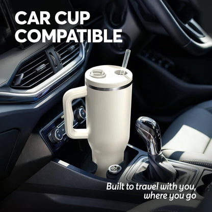 White 40oz Insulated Tumbler with Handle and Reusable Hidden Straw | Triple-wall Vacuum Insulated Stainless Steel for 48-Hour Iced, Leakproof Lid, Fits Most Car Cup Holders