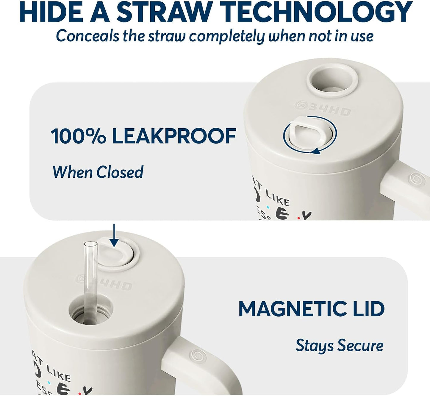 White 40oz Insulated Tumbler with Handle and Reusable Hidden Straw | Triple-wall Vacuum Insulated Stainless Steel for 48-Hour Iced, Leakproof Lid, Fits Most Car Cup Holders