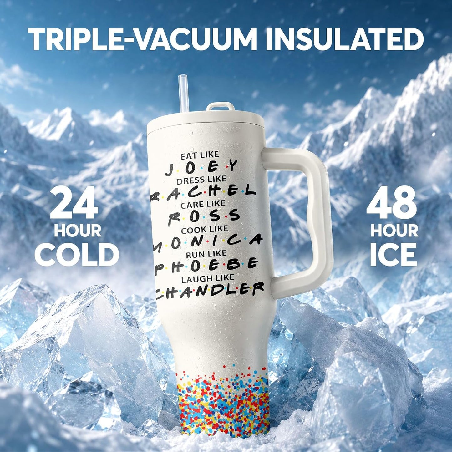 White 40oz Insulated Tumbler with Handle and Reusable Hidden Straw | Triple-wall Vacuum Insulated Stainless Steel for 48-Hour Iced, Leakproof Lid, Fits Most Car Cup Holders