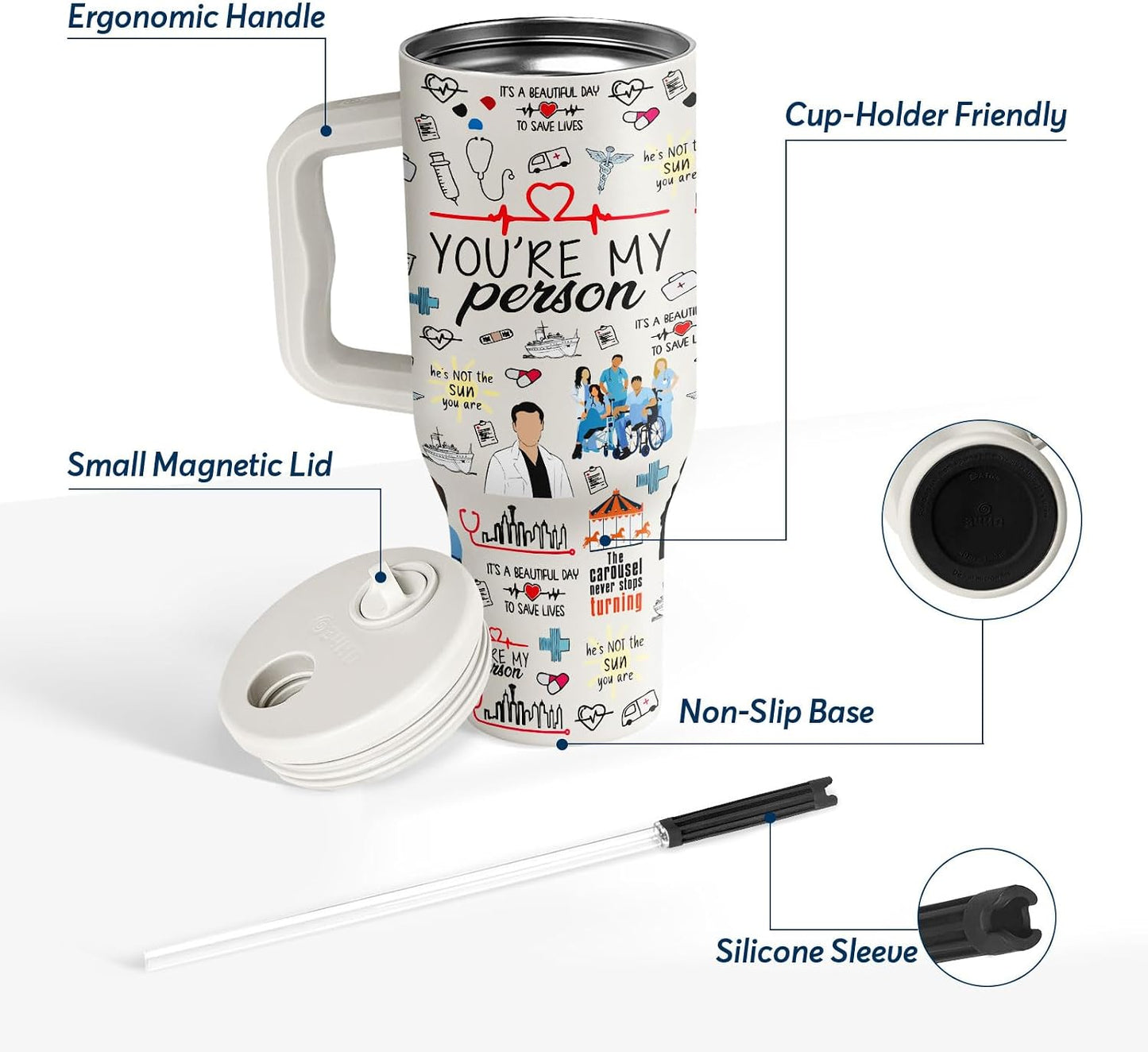 White 40oz Insulated Tumbler with Handle and Reusable Hidden Straw | Triple-wall Vacuum Insulated Stainless Steel for 48-Hour Iced, Leakproof Lid, Fits Most Car Cup Holders