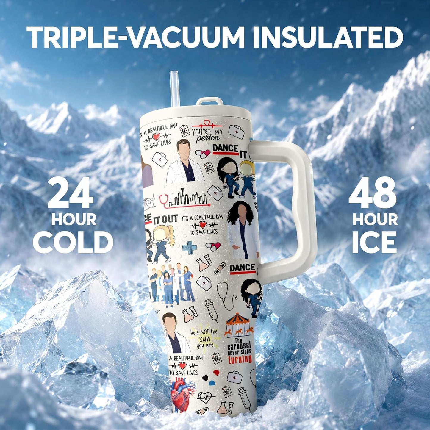 White 40oz Insulated Tumbler with Handle and Reusable Hidden Straw | Triple-wall Vacuum Insulated Stainless Steel for 48-Hour Iced, Leakproof Lid, Fits Most Car Cup Holders