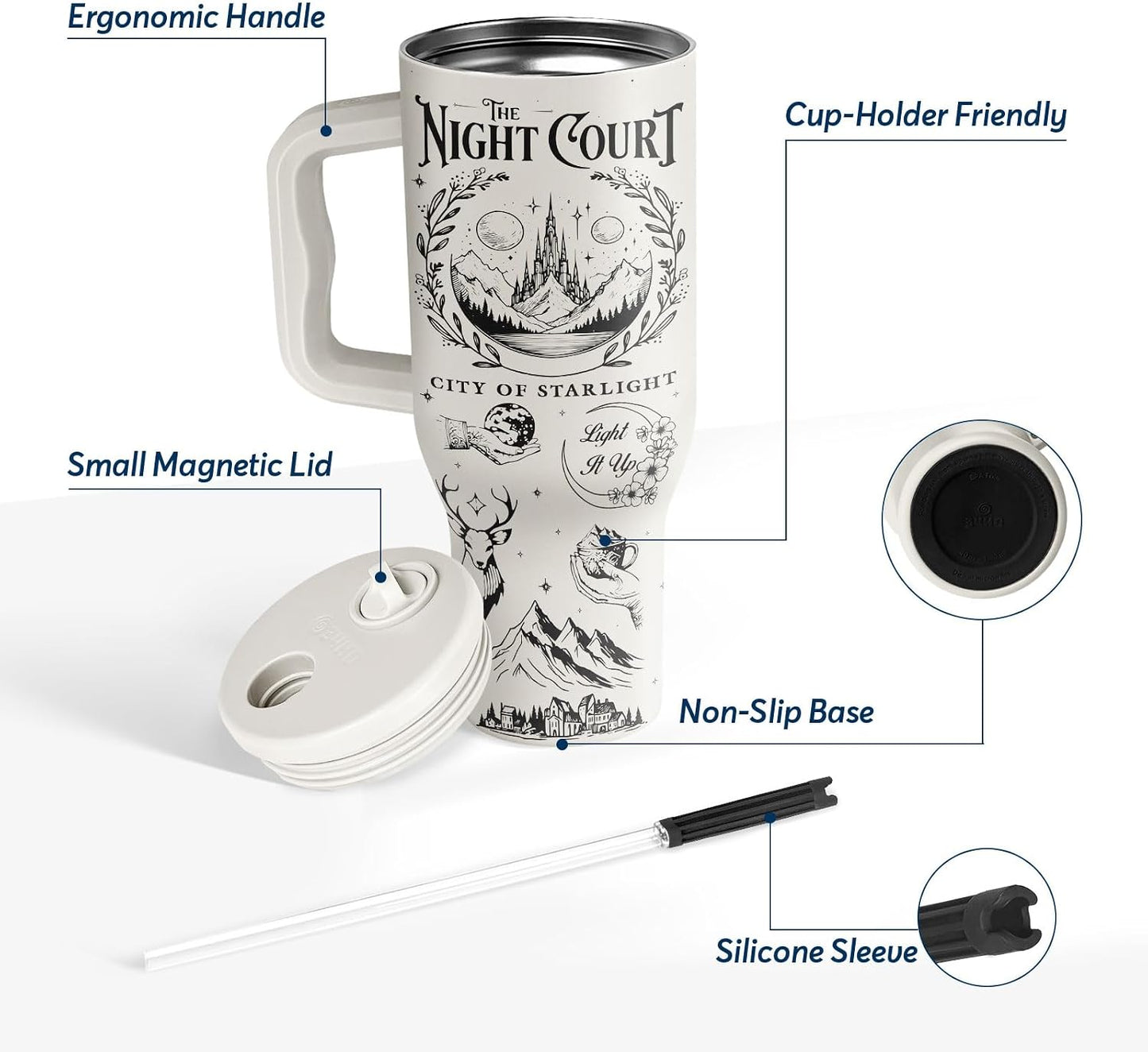 White 40oz Insulated Tumbler with Handle and Reusable Hidden Straw | Triple-wall Vacuum Insulated Stainless Steel for 48-Hour Iced, Leakproof Lid, Fits Most Car Cup Holders