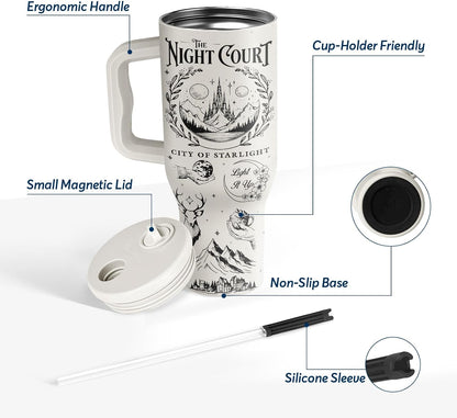 White 40oz Insulated Tumbler with Handle and Reusable Hidden Straw | Triple-wall Vacuum Insulated Stainless Steel for 48-Hour Iced, Leakproof Lid, Fits Most Car Cup Holders