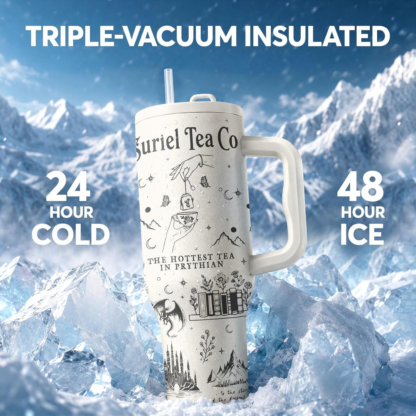 White 40oz Insulated Tumbler with Handle and Reusable Hidden Straw | Triple-wall Vacuum Insulated Stainless Steel for 48-Hour Iced, Leakproof Lid, Fits Most Car Cup Holders