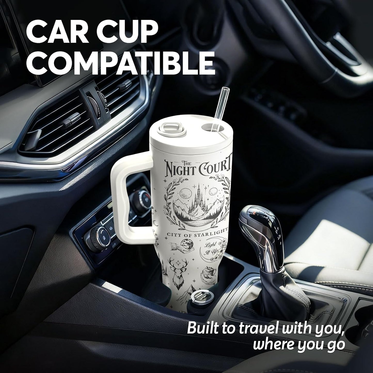White 40oz Insulated Tumbler with Handle and Reusable Hidden Straw | Triple-wall Vacuum Insulated Stainless Steel for 48-Hour Iced, Leakproof Lid, Fits Most Car Cup Holders