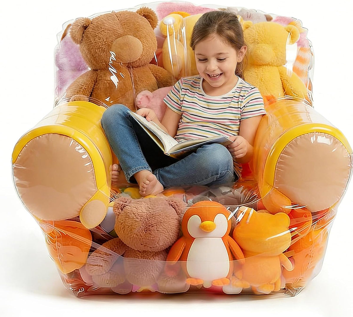 Clear Stuffed Animal Storage Chair Cover for Kids, 180L Large Thickened PVC Bean Bag Cover with Zipper, Waterproof Plush Storage Organizer and Seat, Beanbag Chair for Playroom