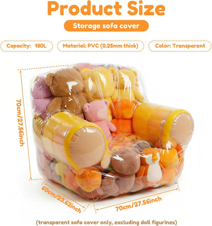 Clear Stuffed Animal Storage Chair Cover for Kids, 180L Large Thickened PVC Bean Bag Cover with Zipper, Waterproof Plush Storage Organizer and Seat, Beanbag Chair for Playroom