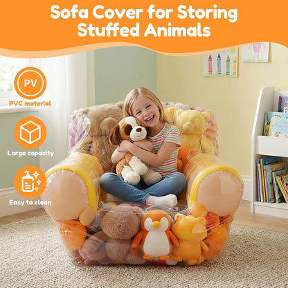 Clear Stuffed Animal Storage Chair Cover for Kids, 180L Large Thickened PVC Bean Bag Cover with Zipper, Waterproof Plush Storage Organizer and Seat, Beanbag Chair for Playroom