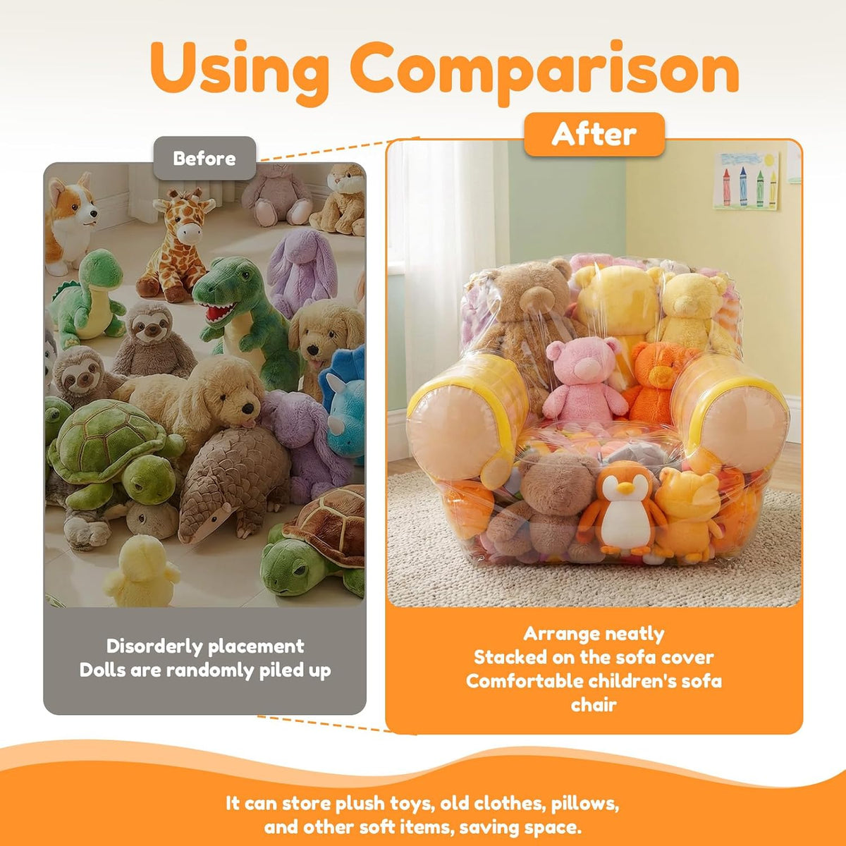 Clear Stuffed Animal Storage Chair Cover for Kids, 180L Large Thickened PVC Bean Bag Cover with Zipper, Waterproof Plush Storage Organizer and Seat, Beanbag Chair for Playroom