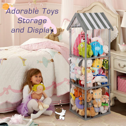 Wooden Stuffed Animal Storage Zoo 3-Tier, Anti-Tip Plush Toy Organizer