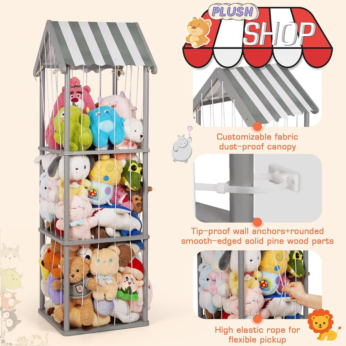 Wooden Stuffed Animal Storage Zoo 3-Tier, Anti-Tip Plush Toy Organizer