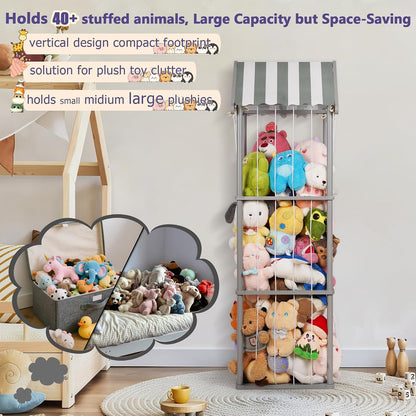 Wooden Stuffed Animal Storage Zoo 3-Tier, Anti-Tip Plush Toy Organizer