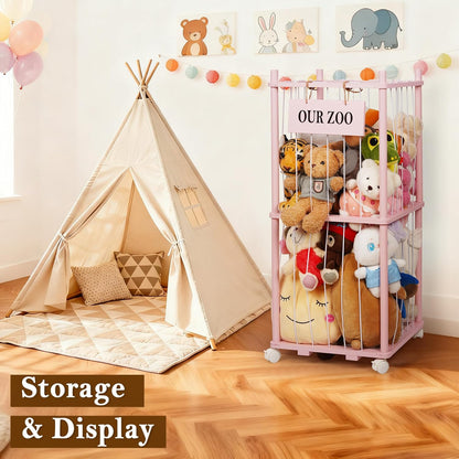 Wooden Stuffed Animal Storage Zoo 3-Tier, Anti-Tip Plush Toy Organizer