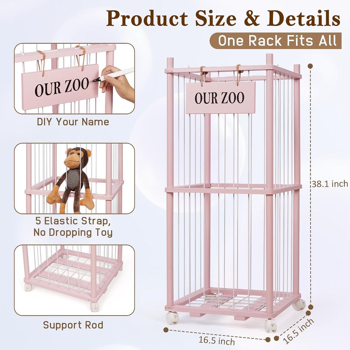 Wooden Stuffed Animal Storage Zoo 3-Tier, Anti-Tip Plush Toy Organizer