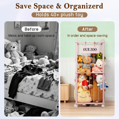 Wooden Stuffed Animal Storage Zoo 3-Tier, Anti-Tip Plush Toy Organizer