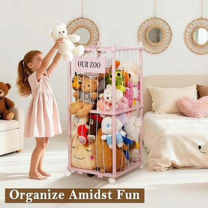 Wooden Stuffed Animal Storage Zoo 3-Tier, Anti-Tip Plush Toy Organizer