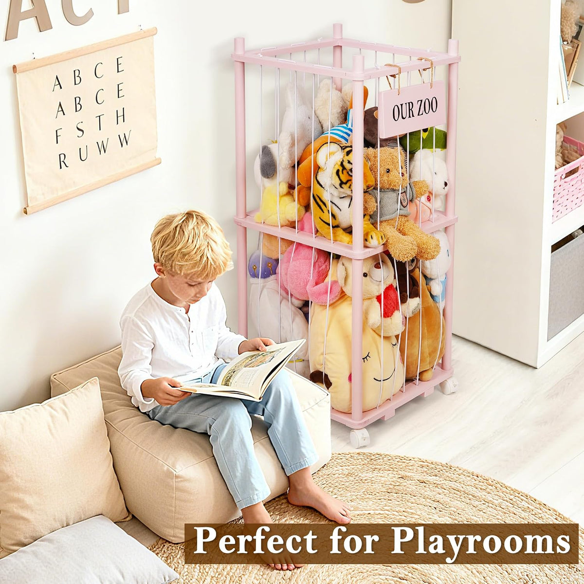 Wooden Stuffed Animal Storage Zoo 3-Tier, Anti-Tip Plush Toy Organizer