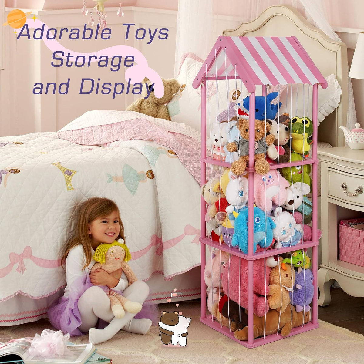 Wooden Stuffed Animal Storage Zoo 3-Tier, Anti-Tip Plush Toy Organizer