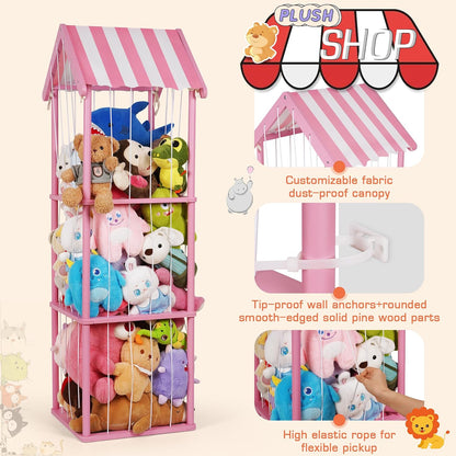 Wooden Stuffed Animal Storage Zoo 3-Tier, Anti-Tip Plush Toy Organizer