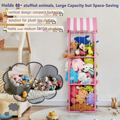 Wooden Stuffed Animal Storage Zoo 3-Tier, Anti-Tip Plush Toy Organizer