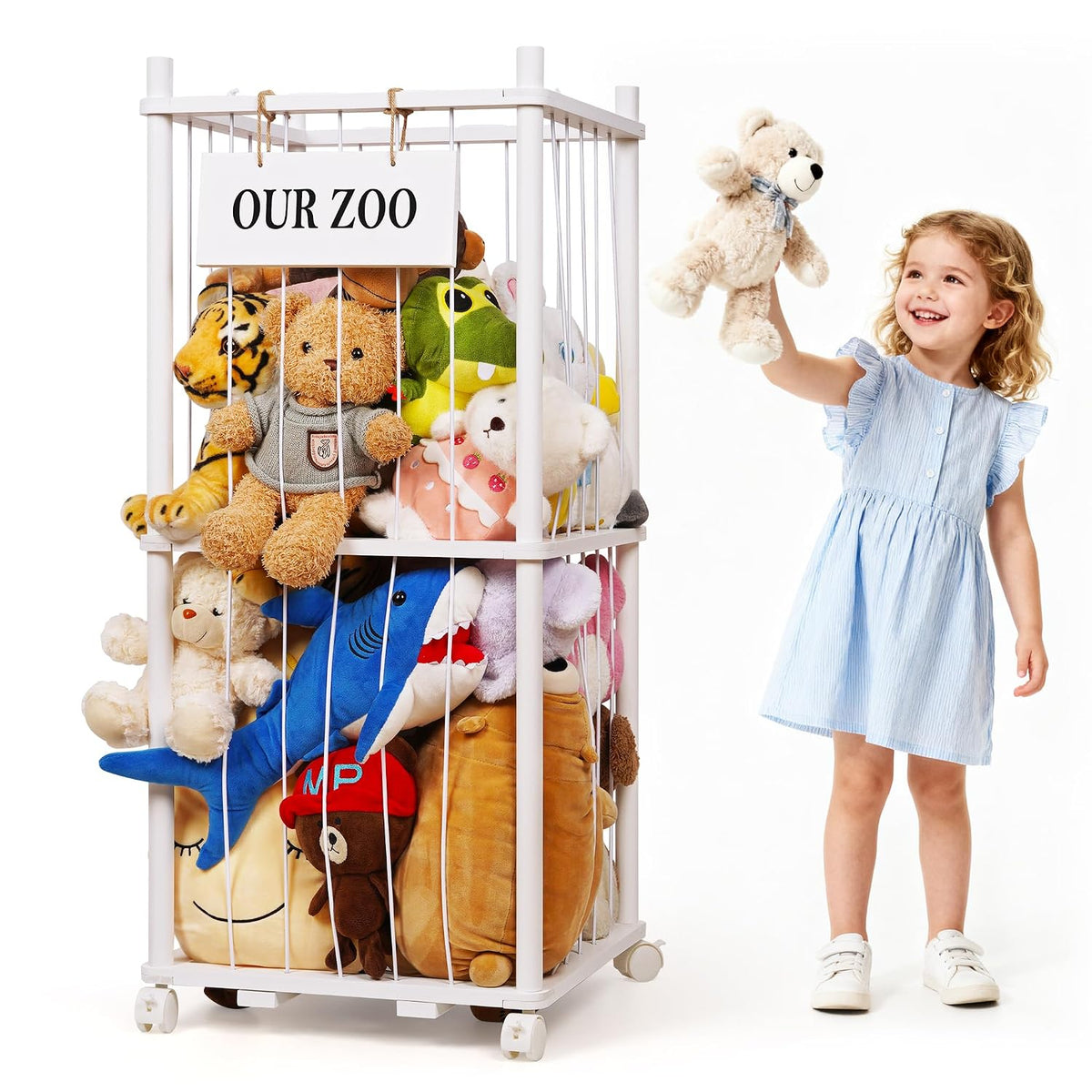 Wooden Stuffed Animal Storage Zoo 3-Tier, Anti-Tip Plush Toy Organizer
