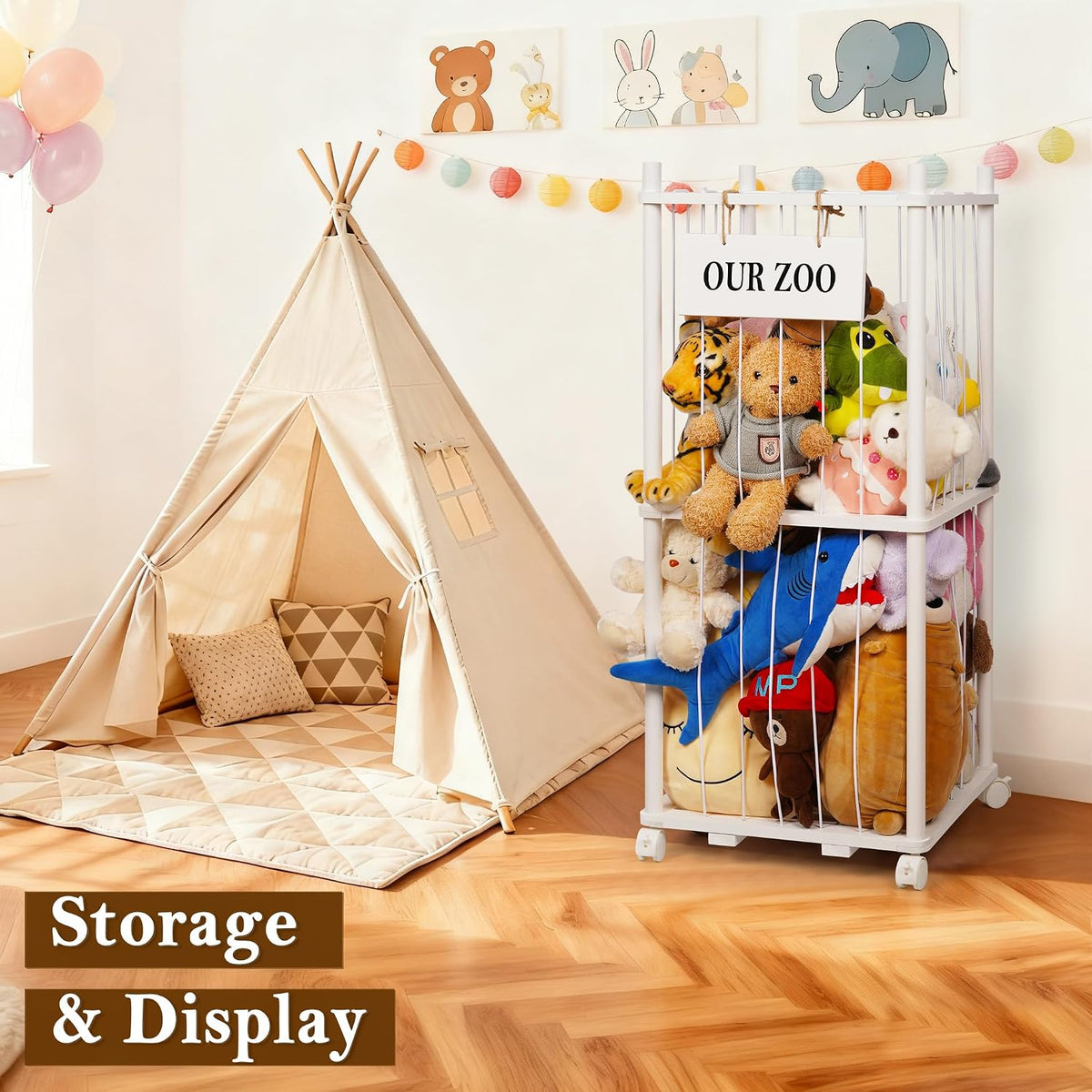 Wooden Stuffed Animal Storage Zoo 3-Tier, Anti-Tip Plush Toy Organizer