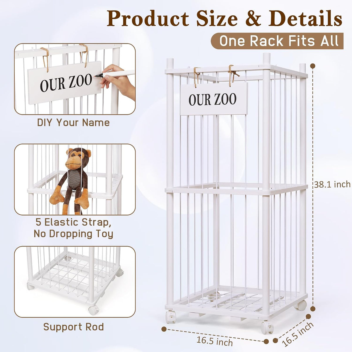 Wooden Stuffed Animal Storage Zoo 3-Tier, Anti-Tip Plush Toy Organizer