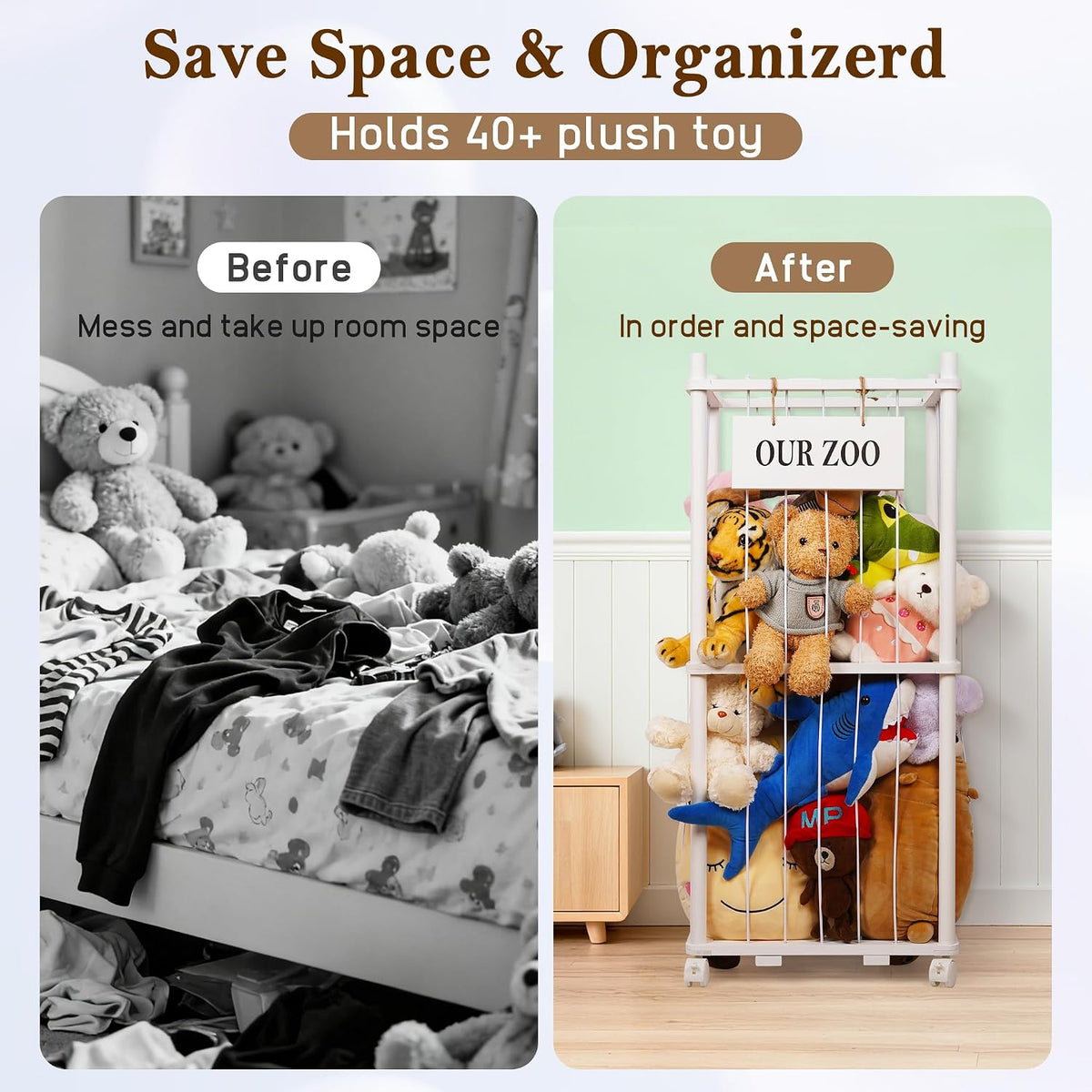 Wooden Stuffed Animal Storage Zoo 3-Tier, Anti-Tip Plush Toy Organizer