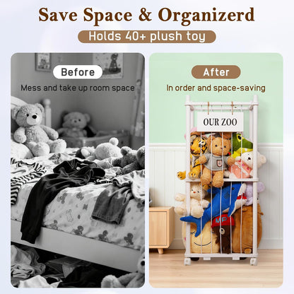Wooden Stuffed Animal Storage Zoo 3-Tier, Anti-Tip Plush Toy Organizer
