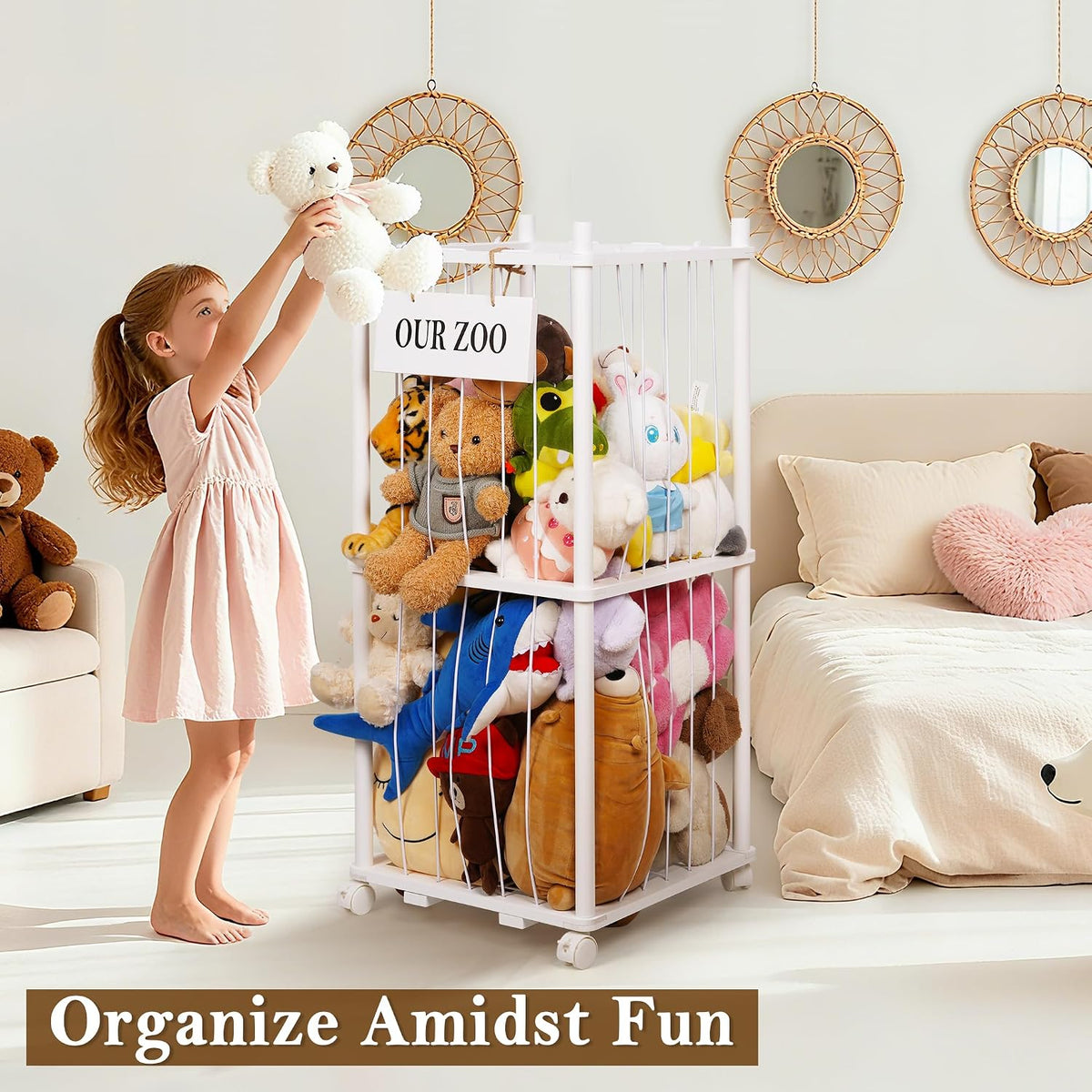 Wooden Stuffed Animal Storage Zoo 3-Tier, Anti-Tip Plush Toy Organizer