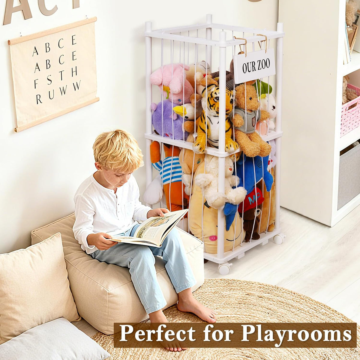 Wooden Stuffed Animal Storage Zoo 3-Tier, Anti-Tip Plush Toy Organizer