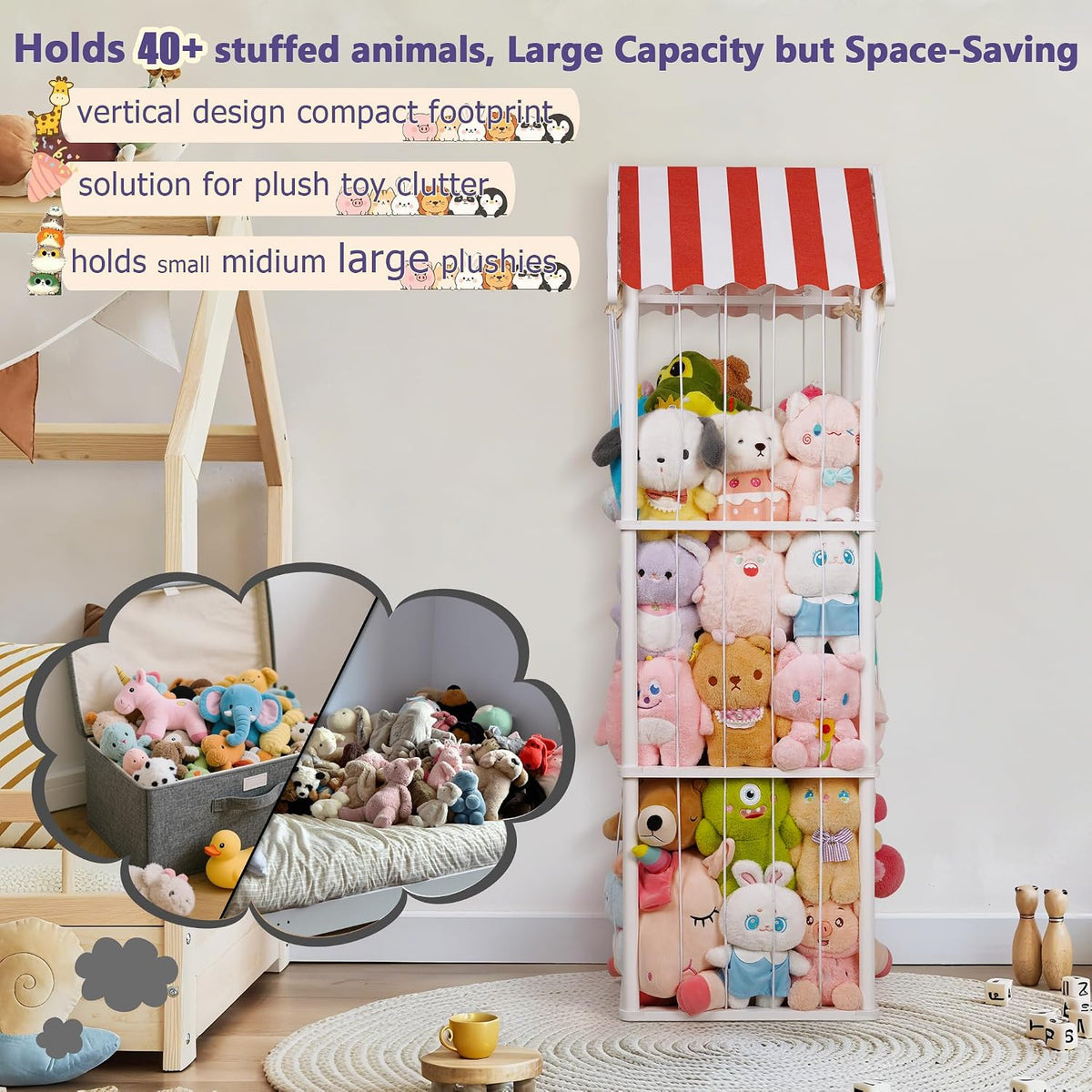 Wooden Stuffed Animal Storage Zoo 3-Tier, Anti-Tip Plush Toy Organizer