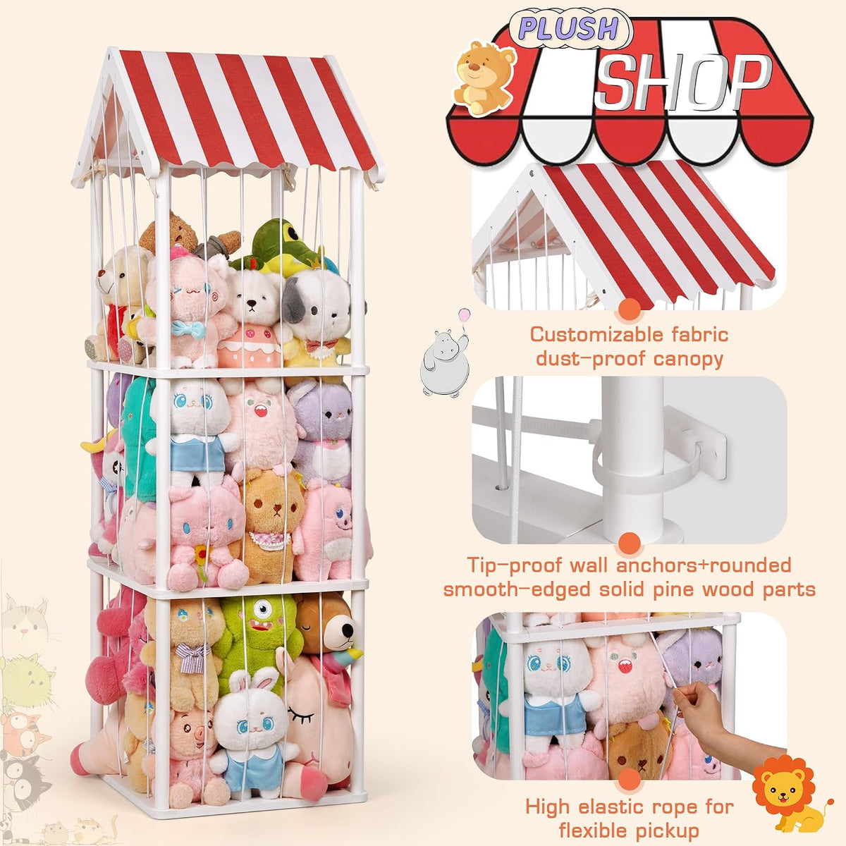 Wooden Stuffed Animal Storage Zoo 3-Tier, Anti-Tip Plush Toy Organizer