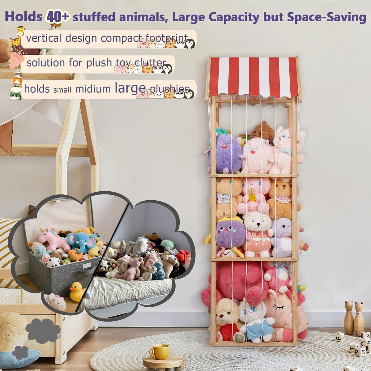 Wooden Stuffed Animal Storage Zoo 3-Tier, Anti-Tip Plush Toy Organizer