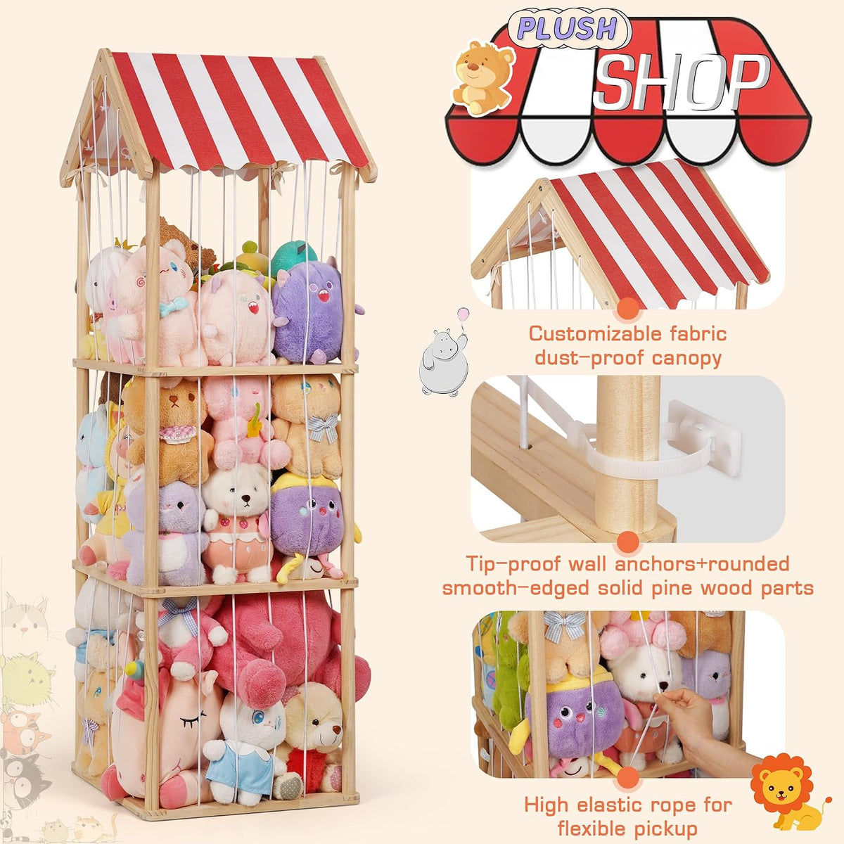 Wooden Stuffed Animal Storage Zoo 3-Tier, Anti-Tip Plush Toy Organizer