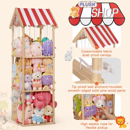 Wooden Stuffed Animal Storage Zoo 3-Tier, Anti-Tip Plush Toy Organizer