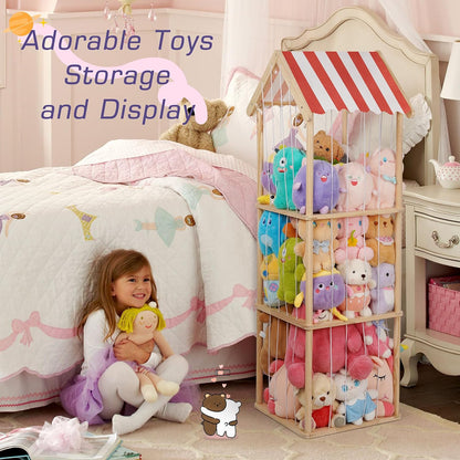 Wooden Stuffed Animal Storage Zoo 3-Tier, Anti-Tip Plush Toy Organizer