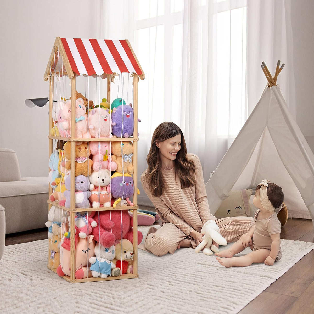 Wooden Stuffed Animal Storage Zoo 3-Tier, Anti-Tip Plush Toy Organizer