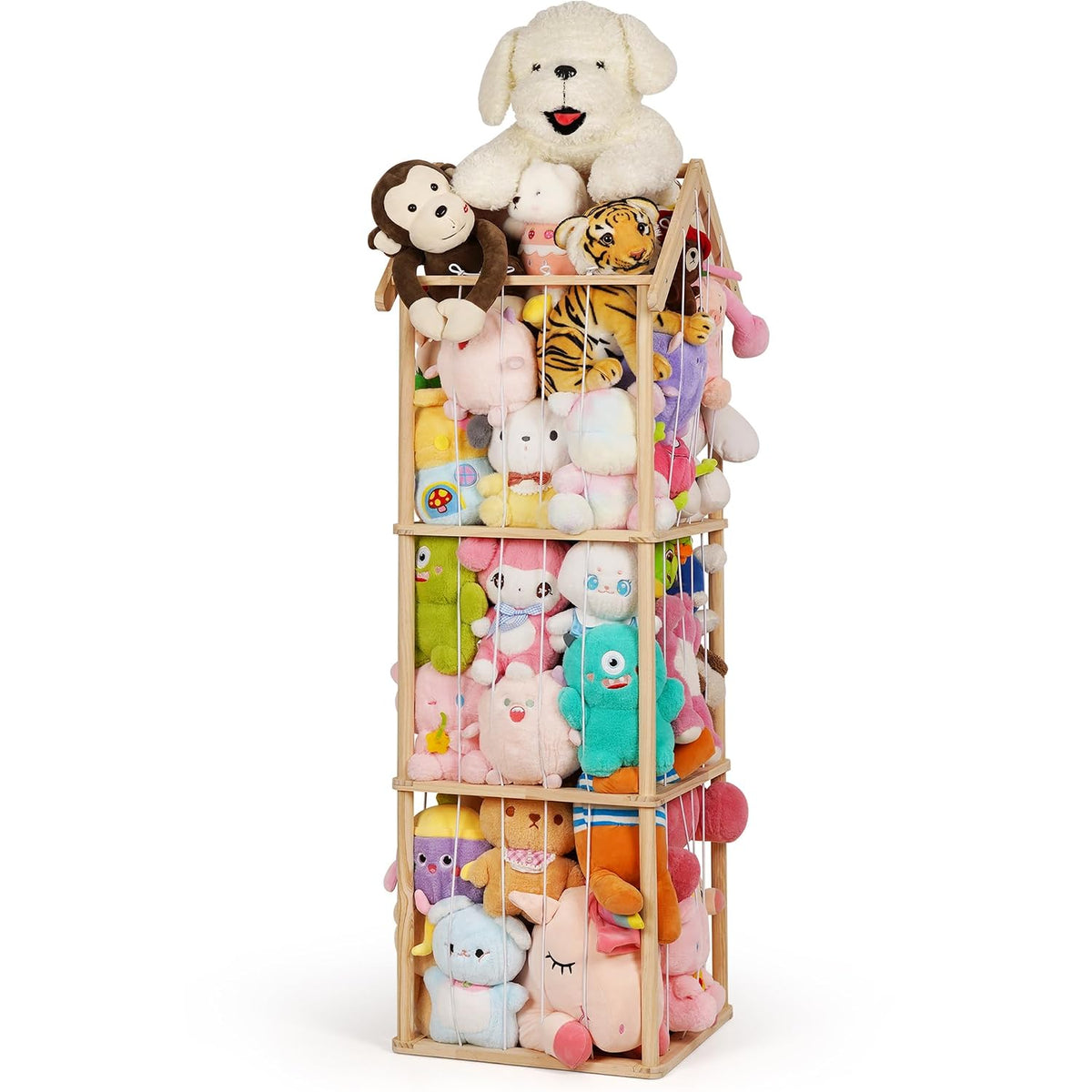 Wooden Stuffed Animal Storage Zoo 3-Tier, Anti-Tip Plush Toy Organizer